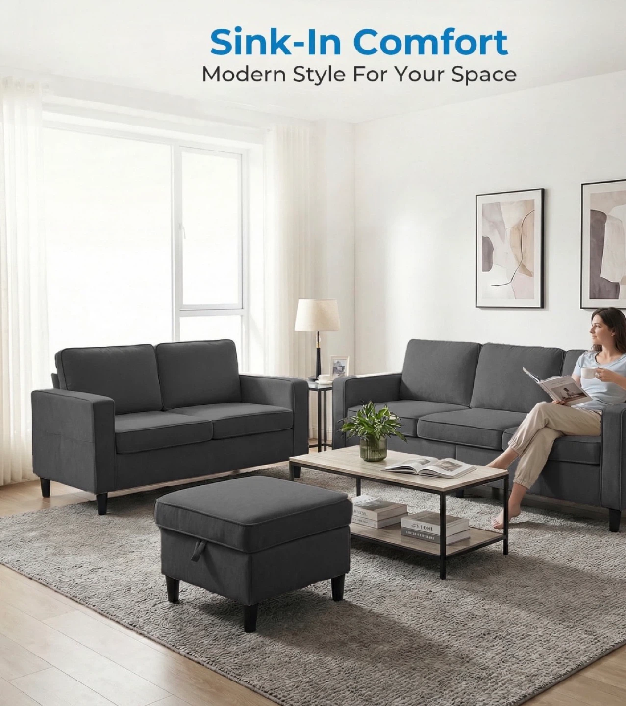 Grey Storage Sofa set with Ottoman - photo 4
