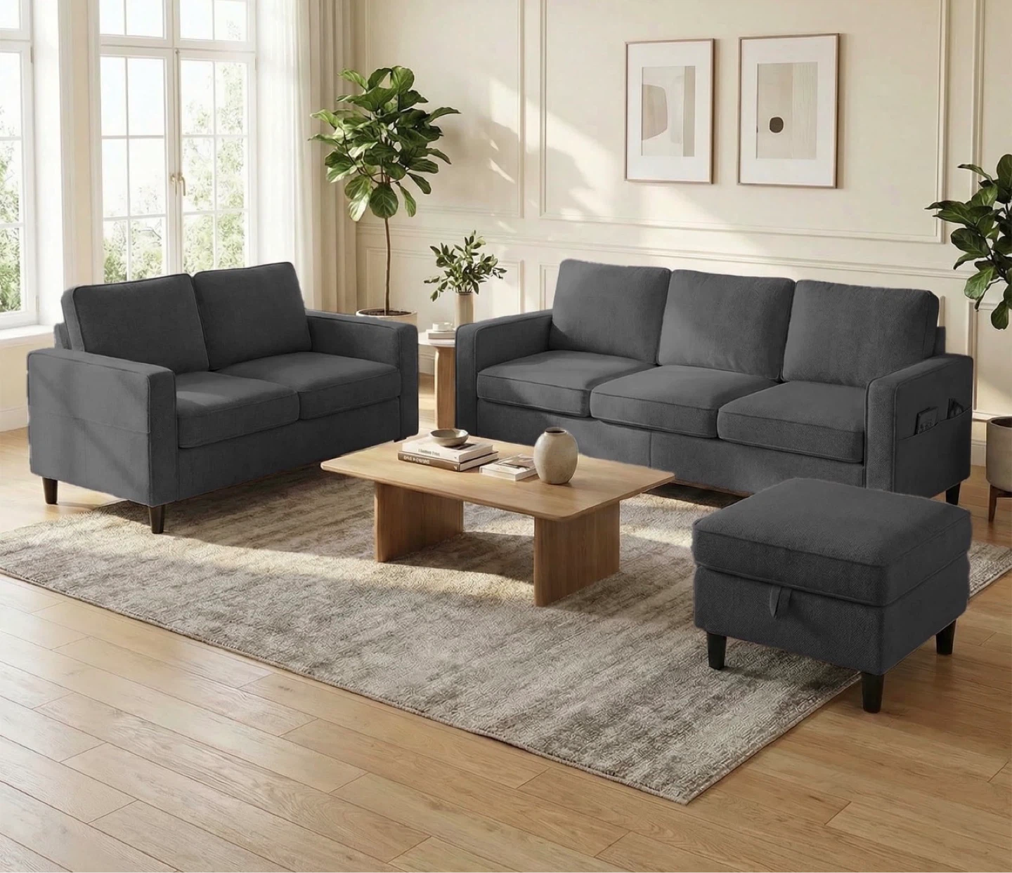 Grey Storage Sofa set with Ottoman