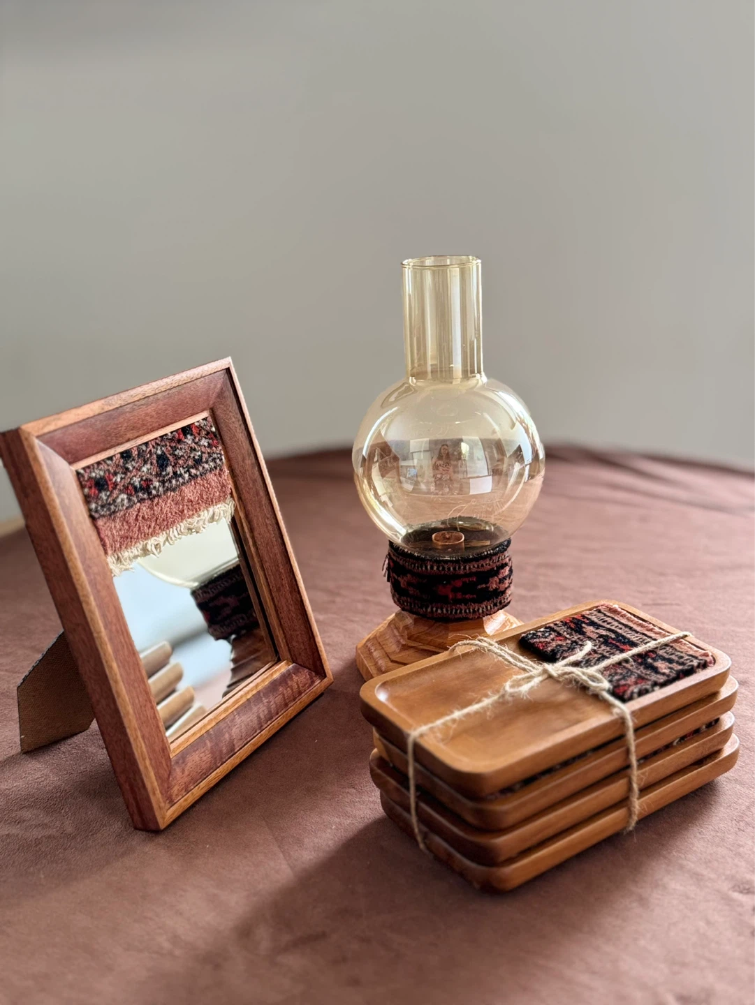 Decorative Wooden Coasters and Small Mirror Set