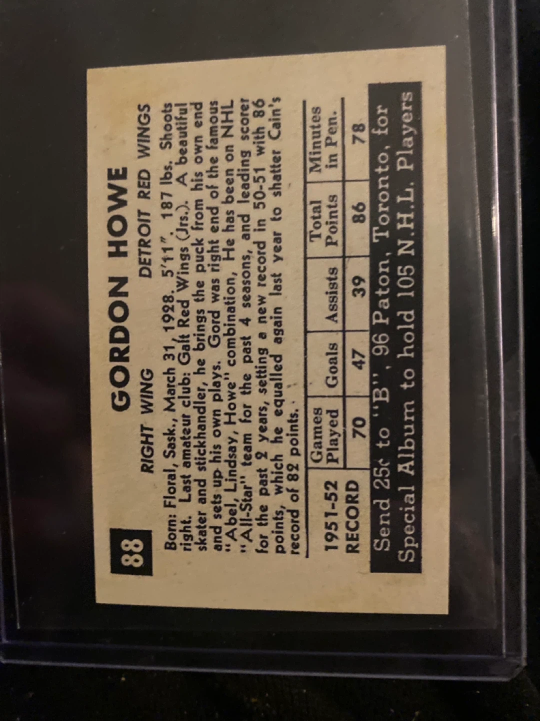 Gordie Howe #88 Hockey Card 1952 Parkhurst - photo 2
