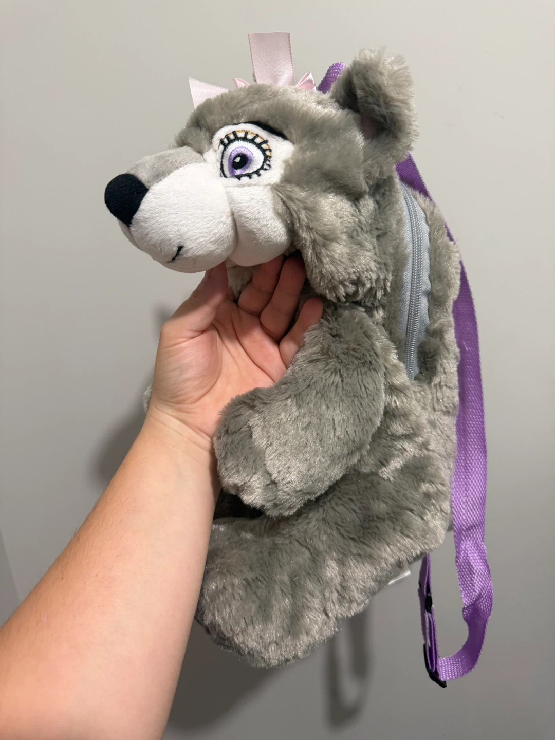 Plush Wolf Backpack with Purple Straps