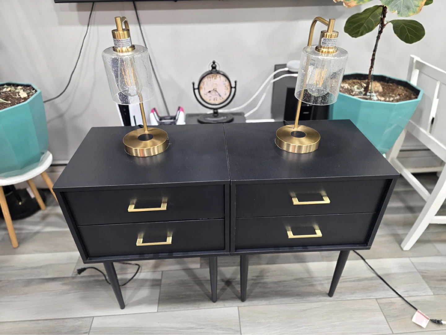 Black Nightstand with Gold Drawer Pulls - Set of 2