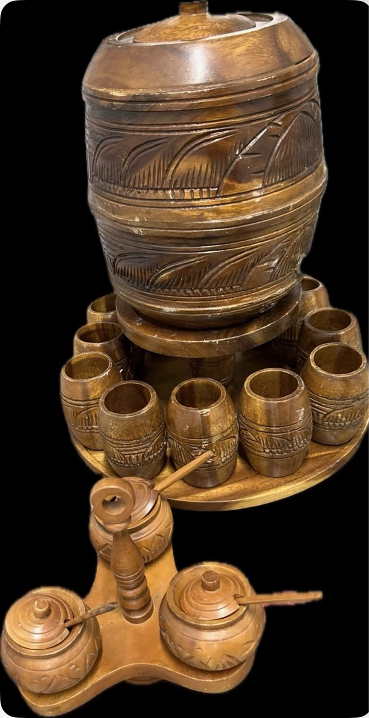 Vintage Wooden Beverage Dispenser Set with Cups - photo 2