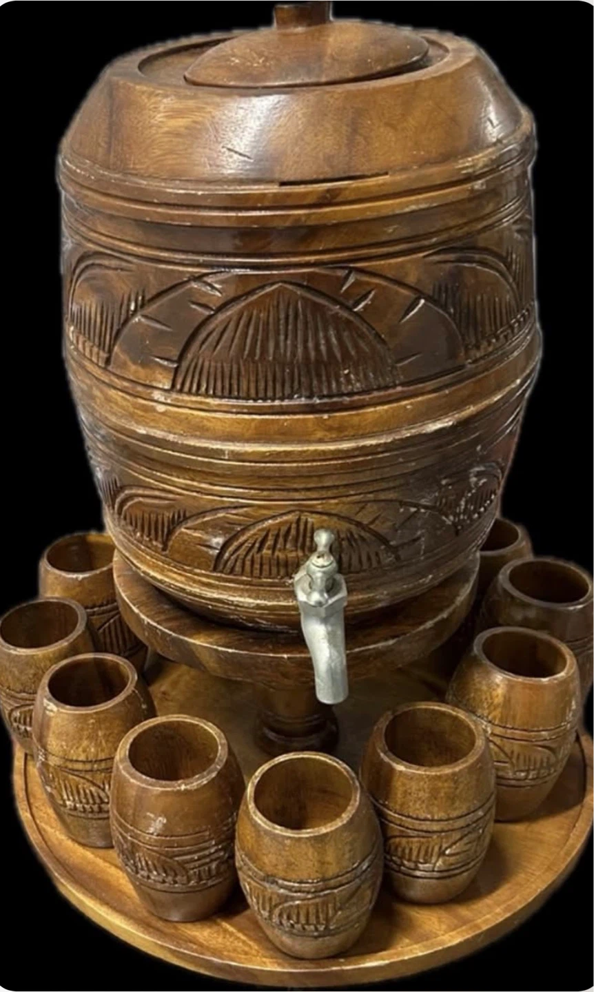 Vintage Wooden Beverage Dispenser Set with Cups