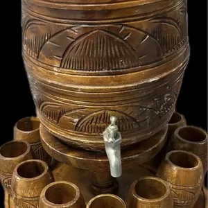 Vintage Wooden Beverage Dispenser Set with Cups