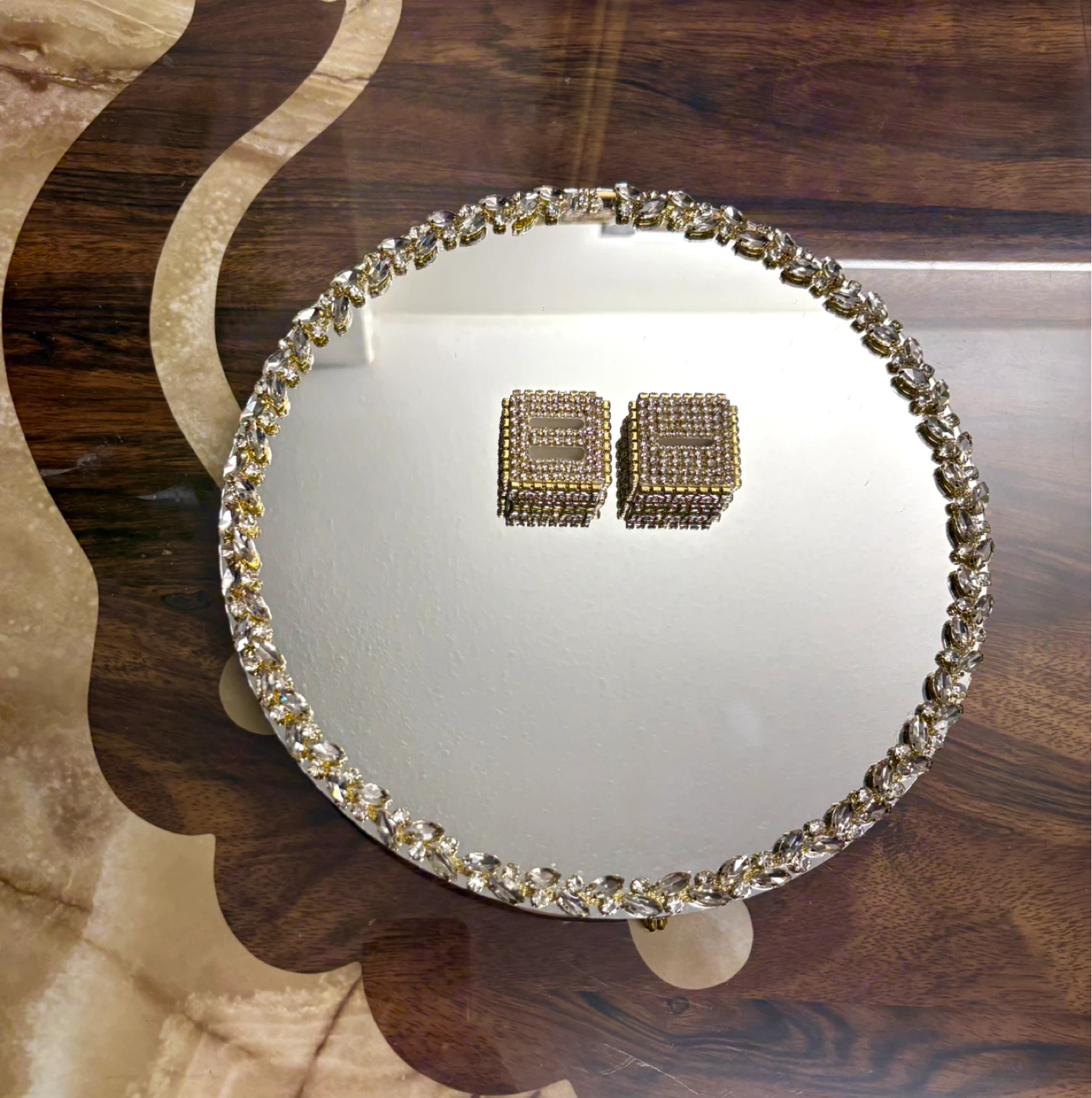 Round mirror tray with gold glass crystal rhinestone trim - photo 5