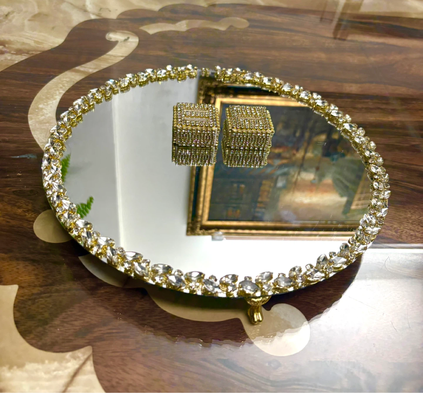 Round mirror tray with gold glass crystal rhinestone trim