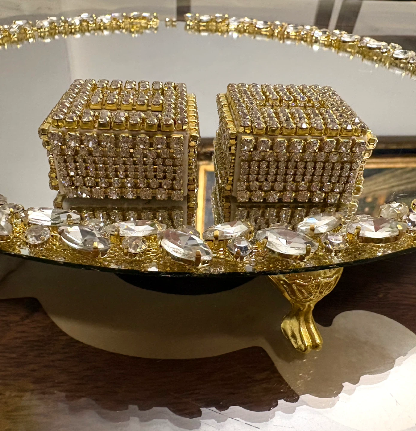 Round mirror tray with gold glass crystal rhinestone trim - photo 2
