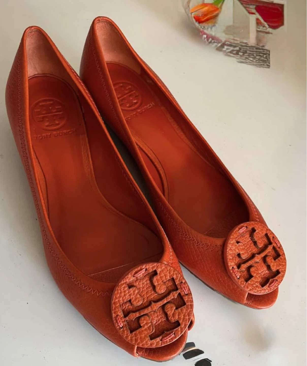 Tory Burch Orange Leather Peep-Toe Wedge Flats - photo 2