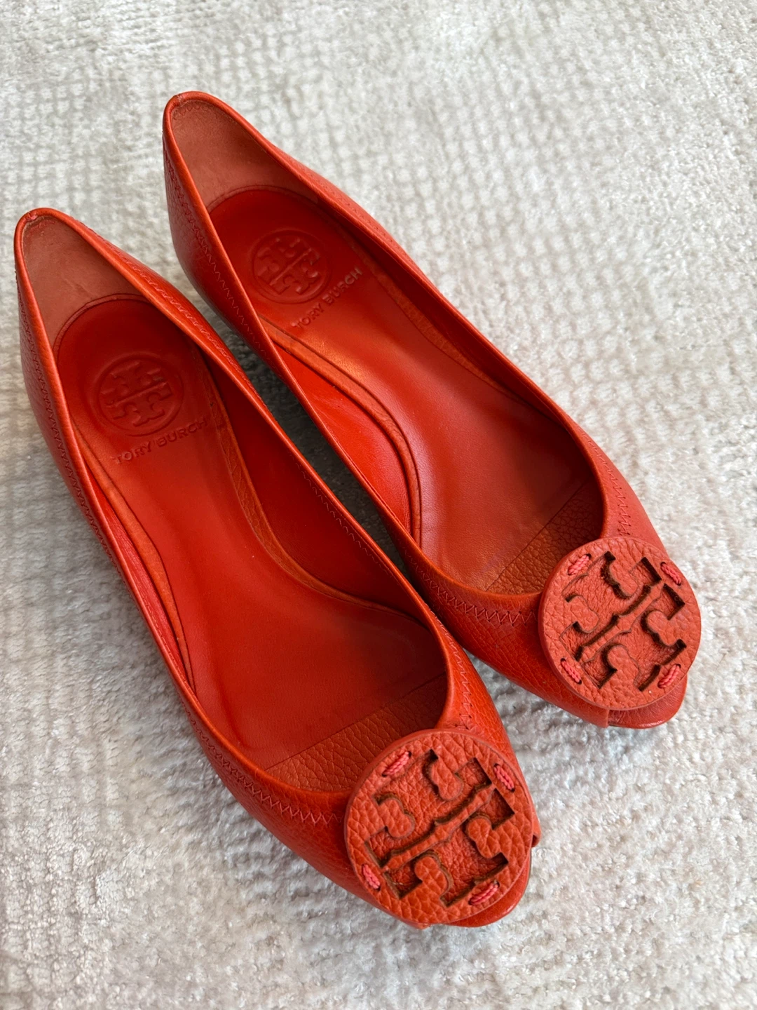 Tory Burch Orange Leather Peep-Toe Wedge Flats