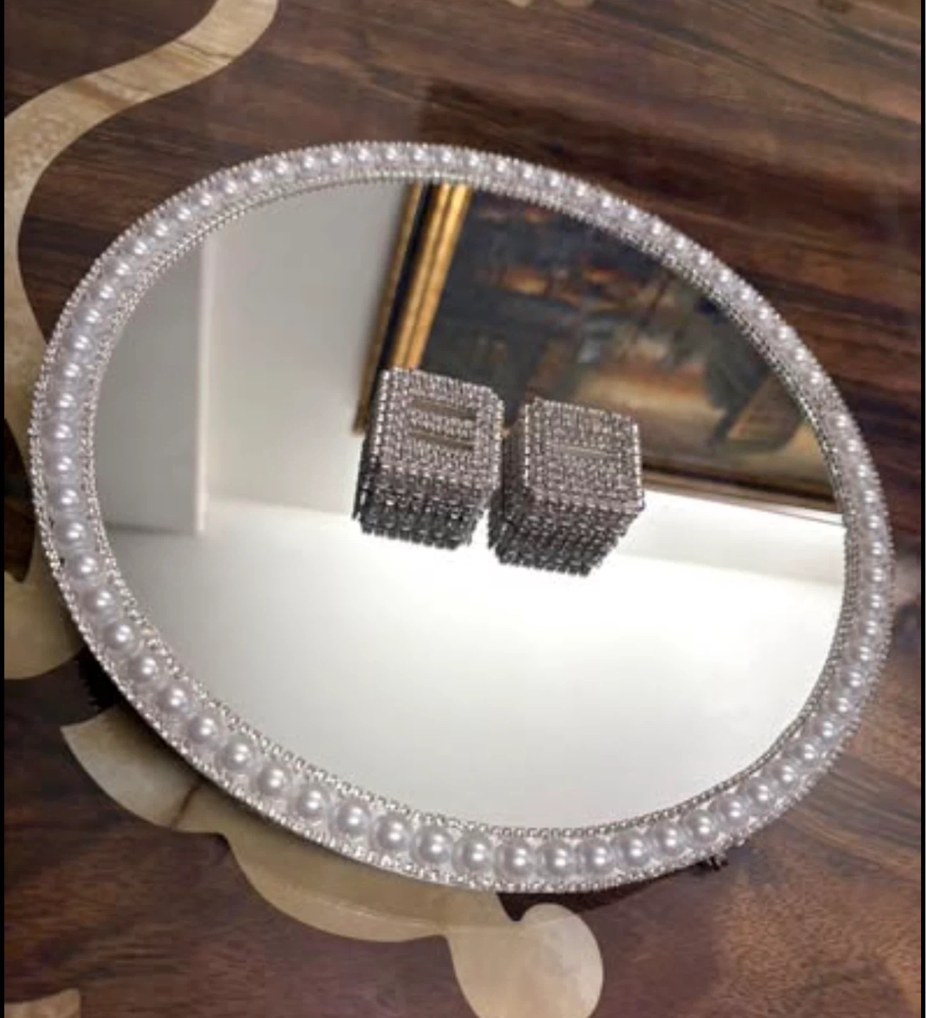 Round Mirror Tray with Faux Pearls & silver rhinestone Border - photo 5