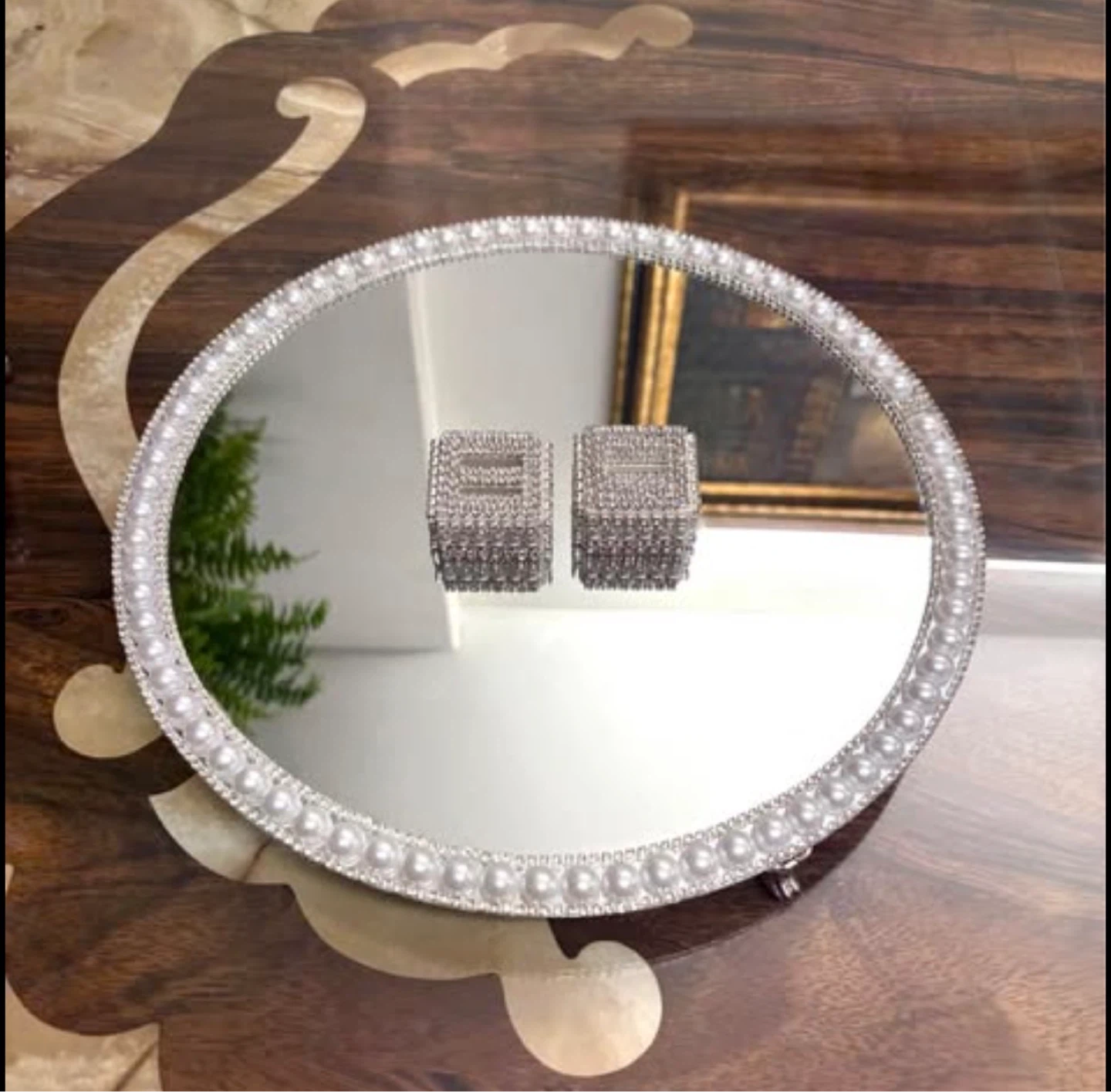 Round Mirror Tray with Faux Pearls & silver rhinestone Border
