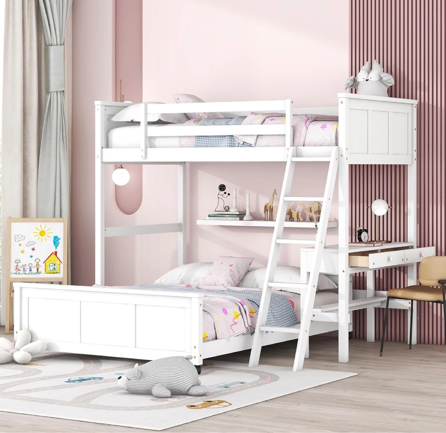White Bunk Bed with Desk and Twin Over Full Size