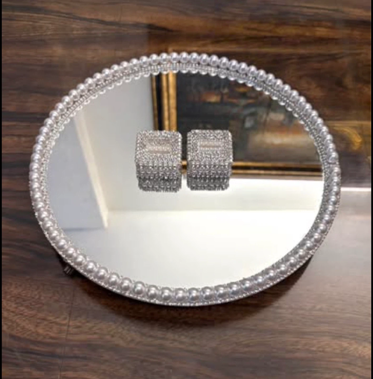 Round Mirror Tray with Faux Pearls & silver rhinestone Border