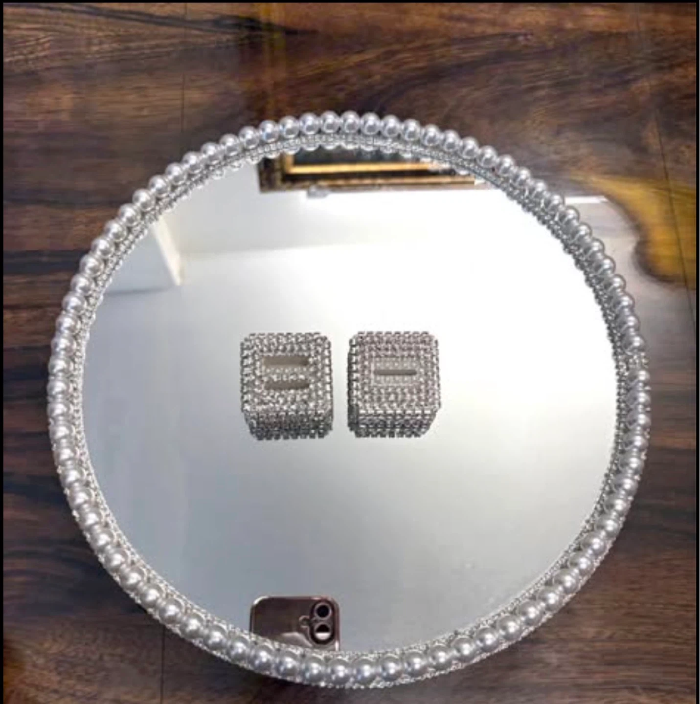 Round Mirror Tray with Faux Pearls & silver rhinestone Border - photo 5