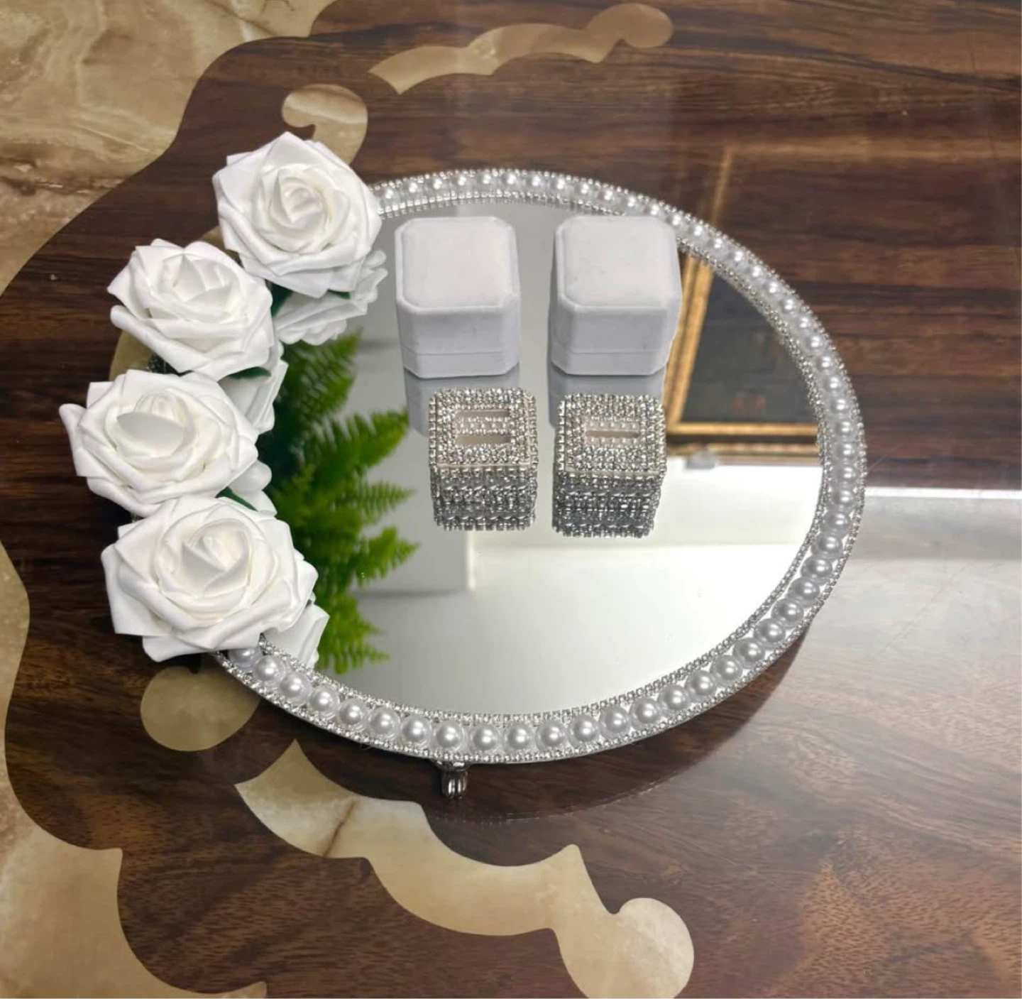 Round Mirror Tray with Faux Pearls & silver rhinestone border