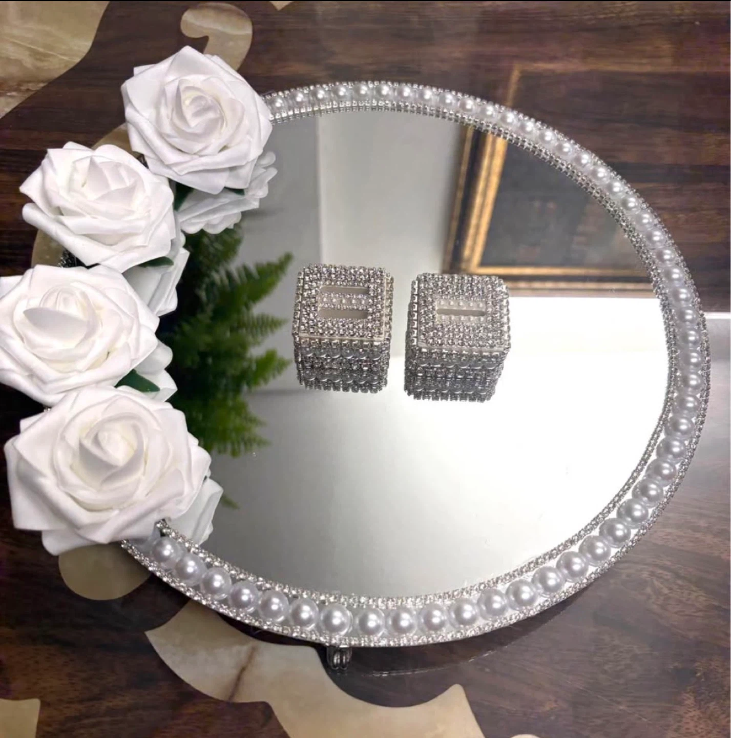 Round Mirror Tray with Faux Pearls & silver rhinestone border - photo 3