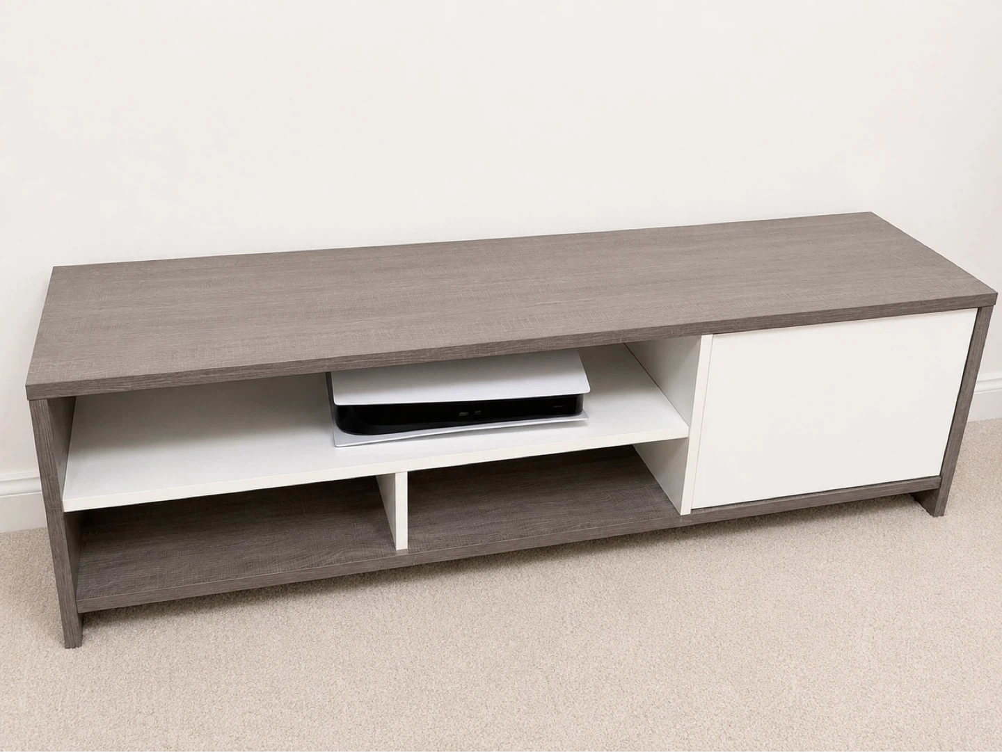 Grey and White TV Stand with Cabinet