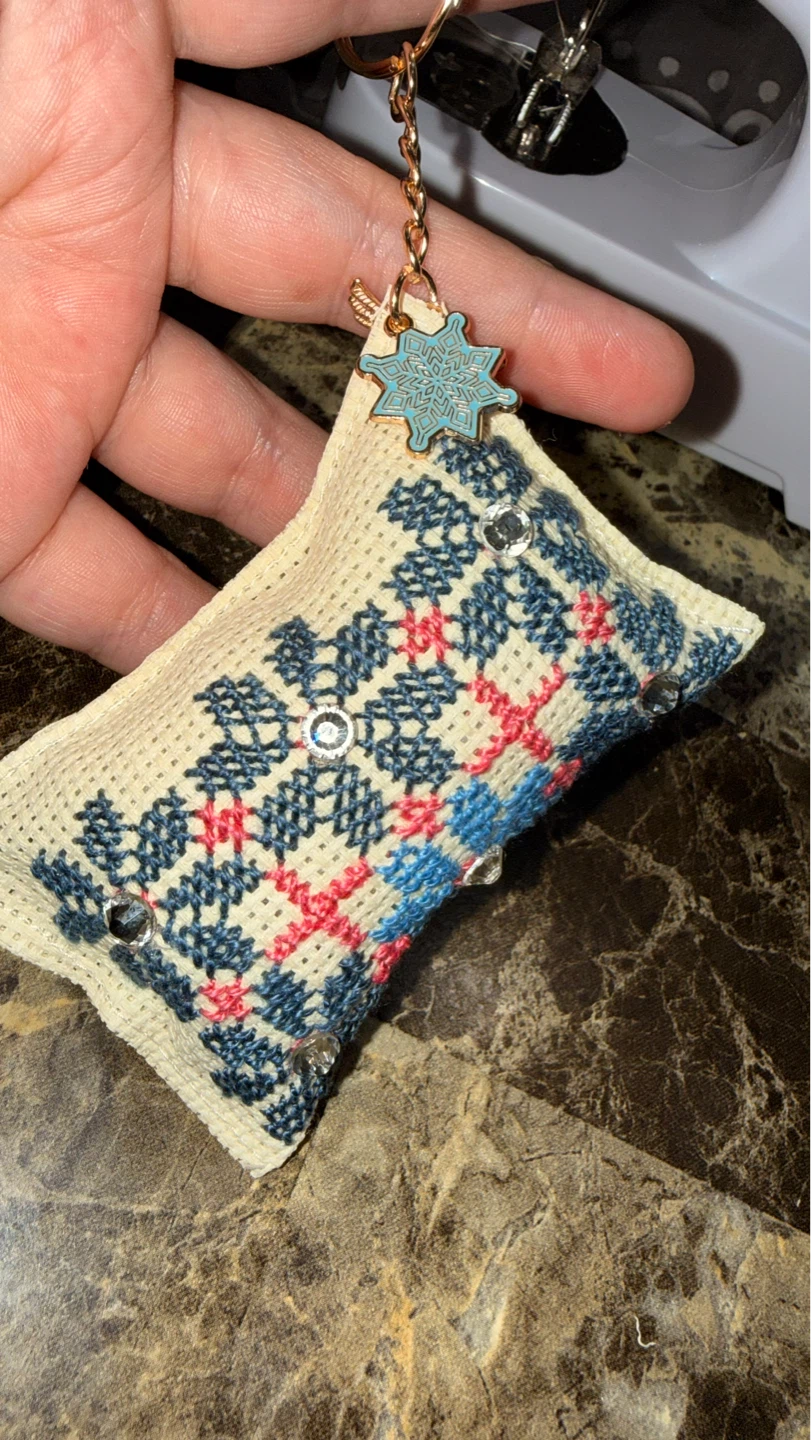 Handmade Embroidered Pillow Keychain with Charm - photo 2