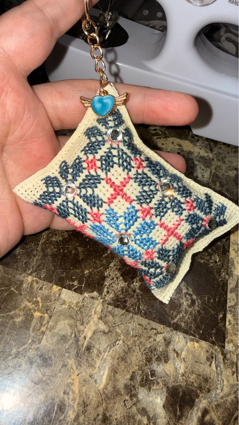 Handmade Embroidered Pillow Keychain with Charm