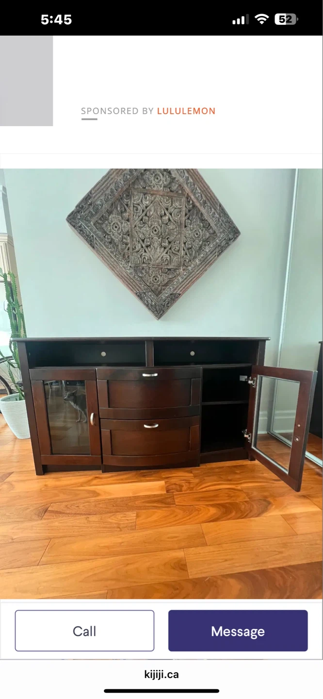 Dark Wood Entertainment TV Stand with Glass Door