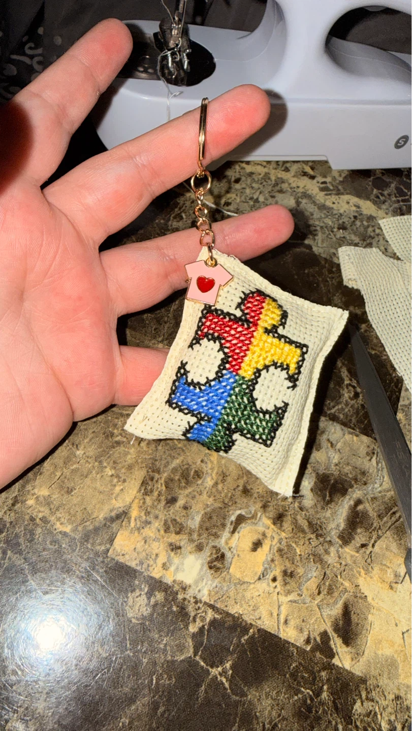 Handmade autism awareness Puzzle Piece Cross-Stitch Keychain