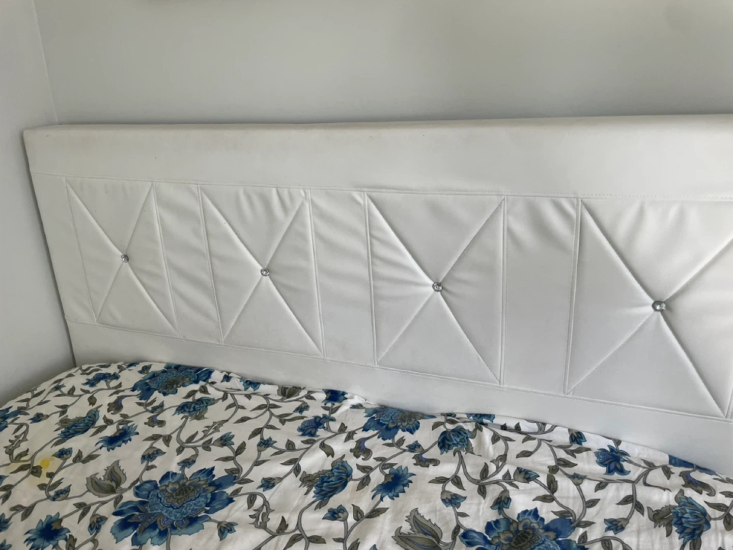 White Faux Leather Queen Bed Frame with Crystal Accents