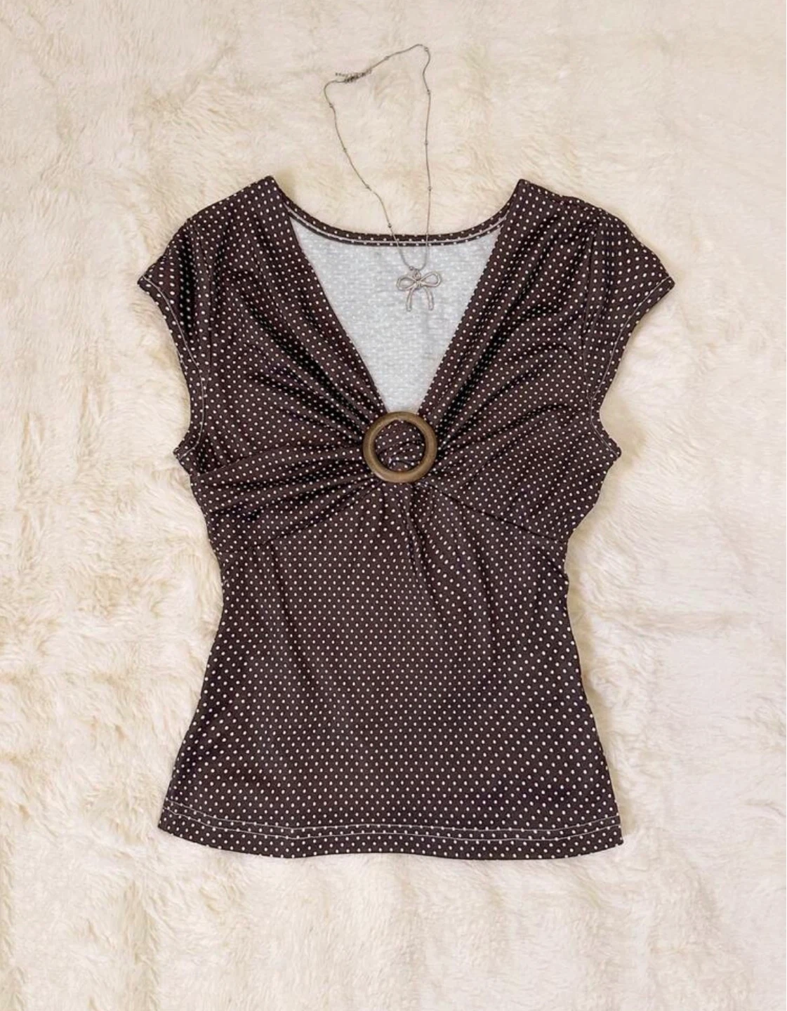 Brown Polka Dot Ruched Top