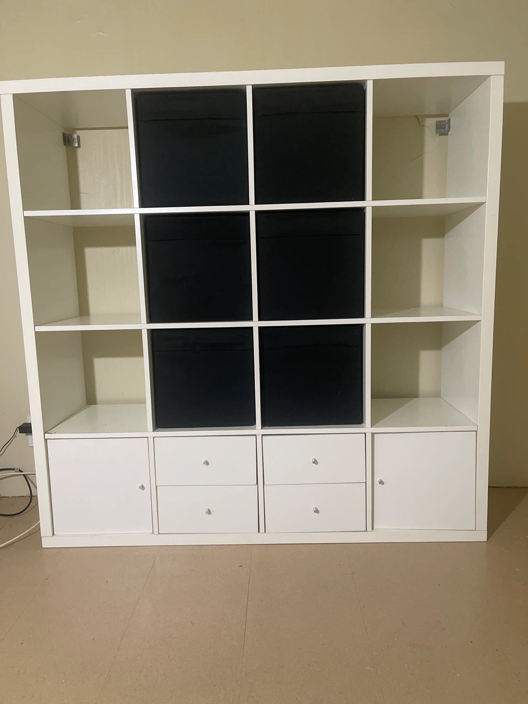 MOVING SALE - IKEA 4x4 KALLAX bookcase with Black Fabric Bins