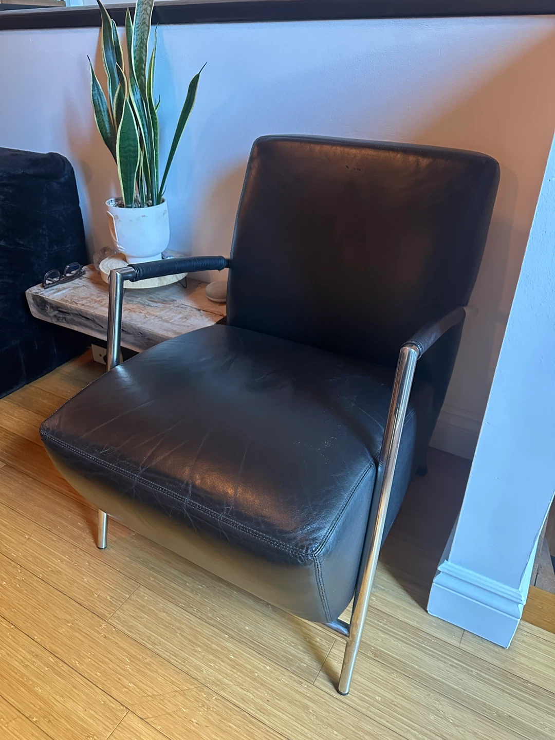 VINTAGE POST MODERN CHROME TUBULAR NLACK LEATHER LOUNGE CHAIR - photo 4