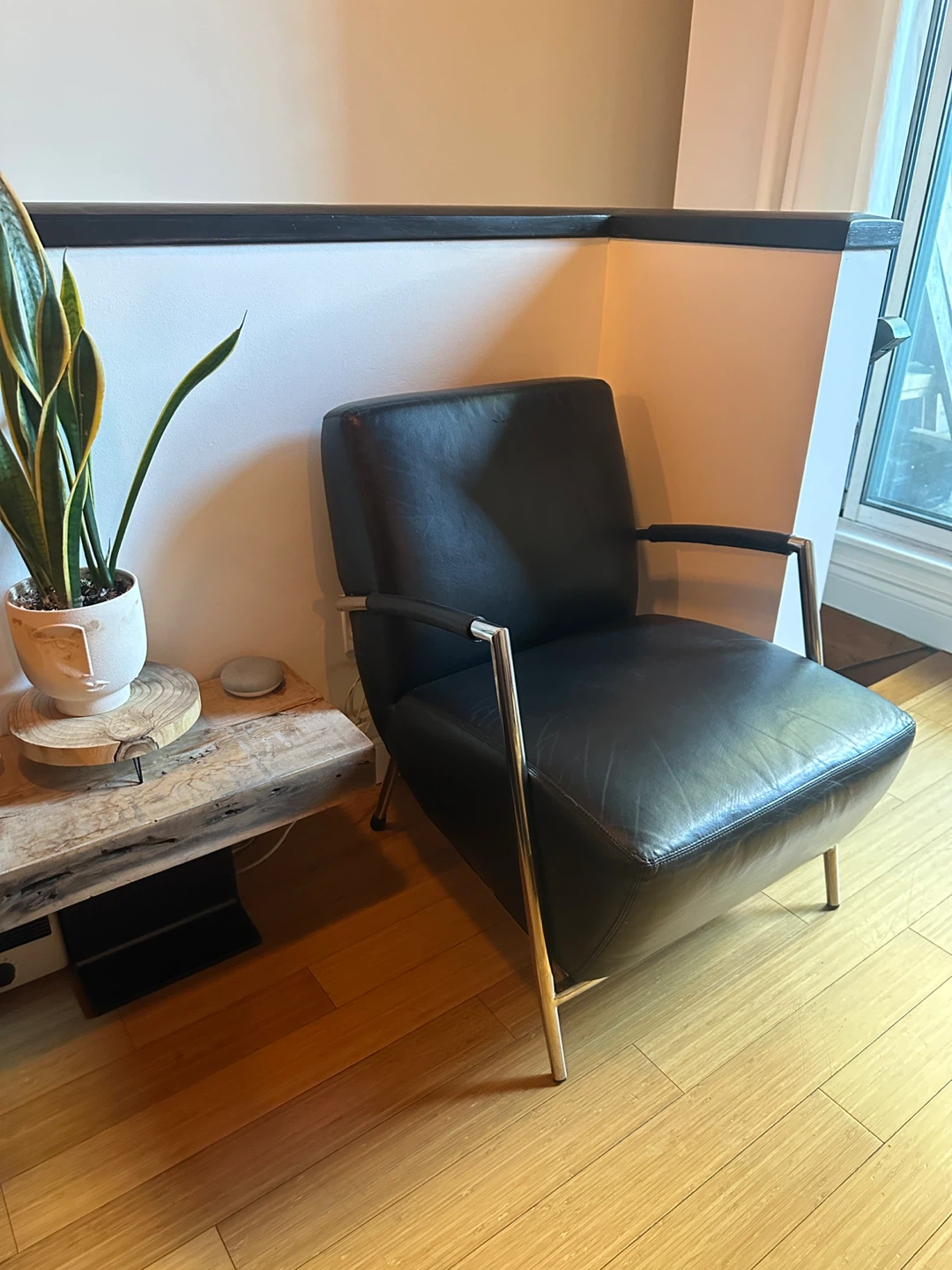 VINTAGE POST MODERN CHROME TUBULAR NLACK LEATHER LOUNGE CHAIR - photo 3