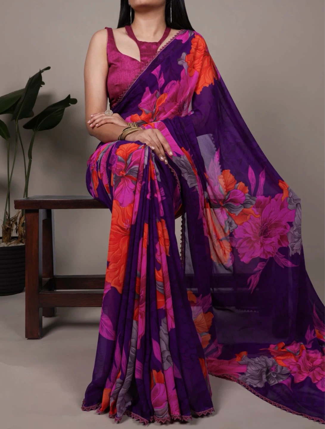 Chiffon Purple Floral Saree - photo 2