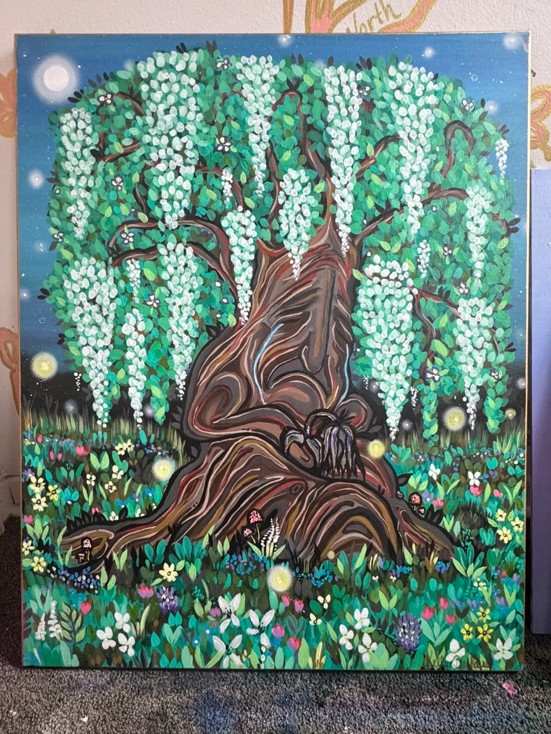 Original Acrylic Painting - Wisteria Tree Night Scene