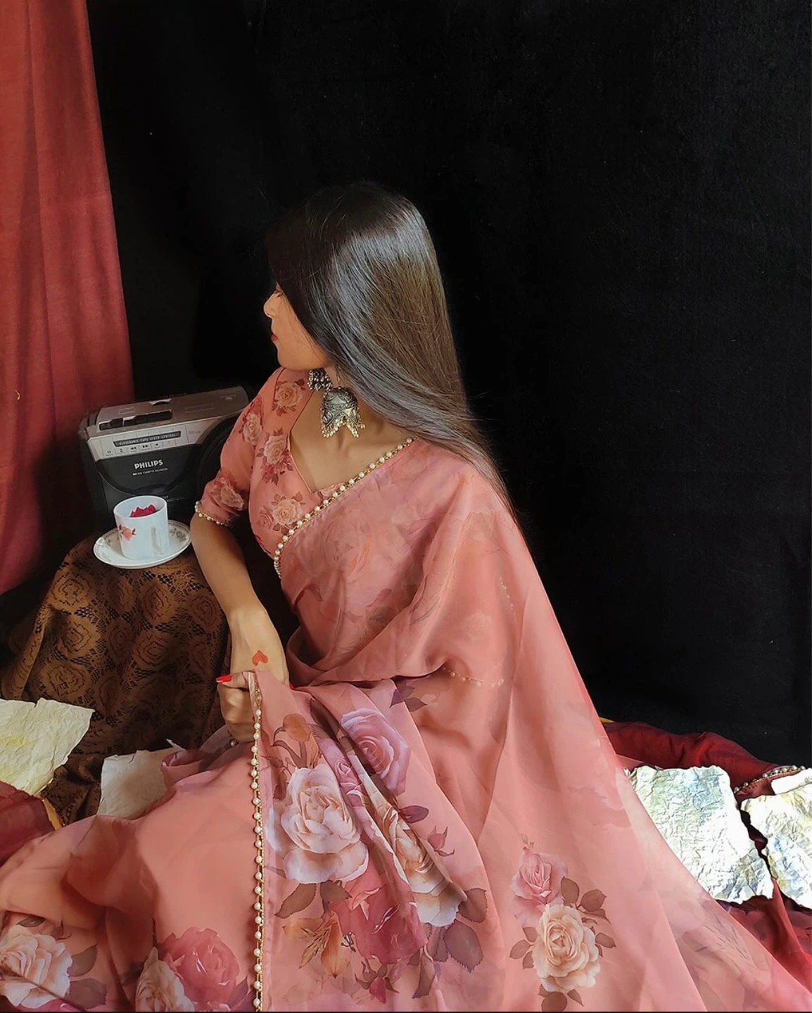 Peach floral print saree with pearl beading