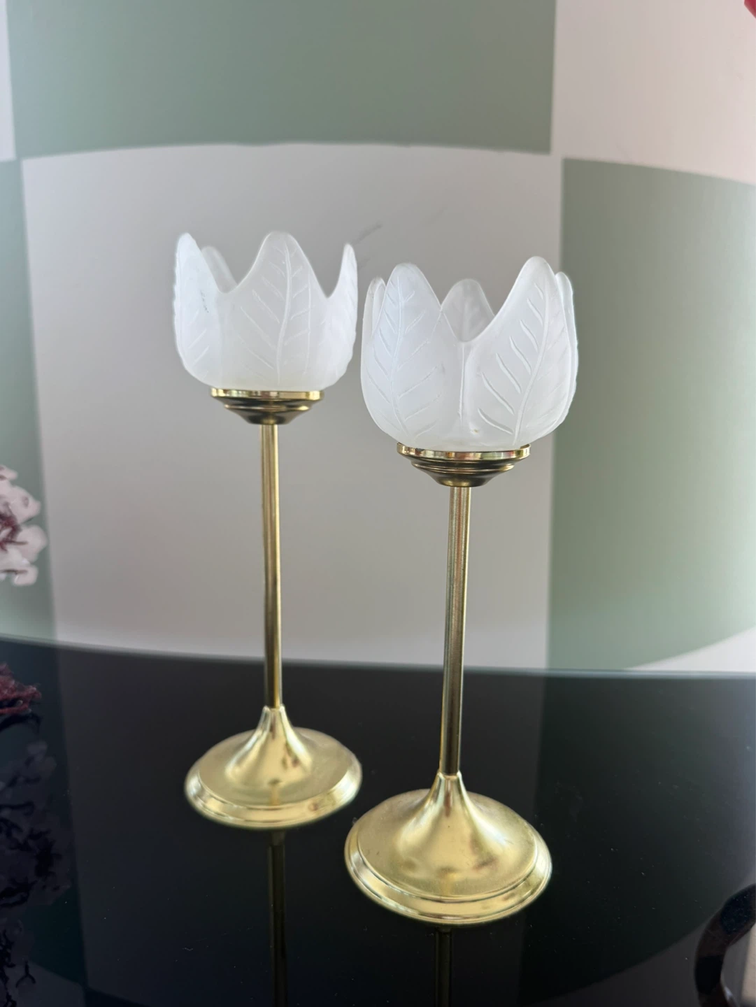 Pair of Vintage Glass & Brass Candle Holder - photo 2