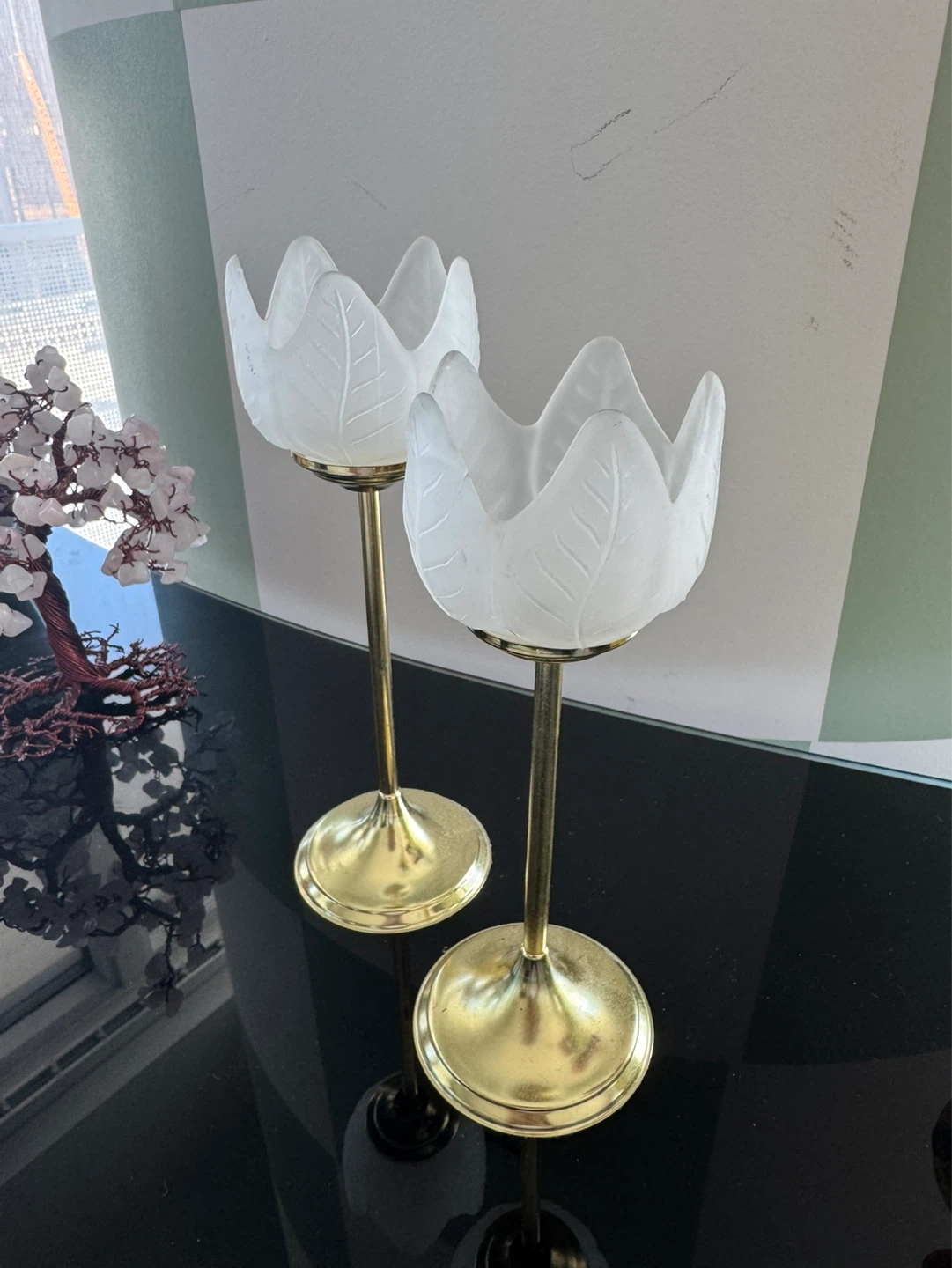 Pair of Vintage Glass & Brass Candle Holder