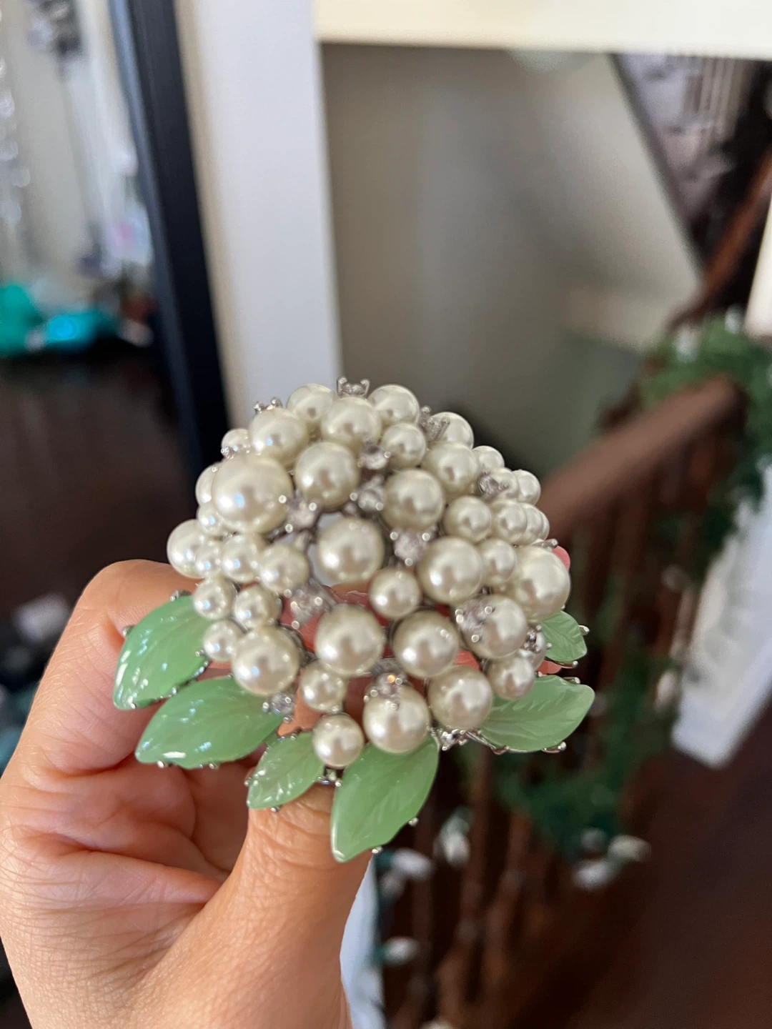 Pearl and Green Leaf Brooch