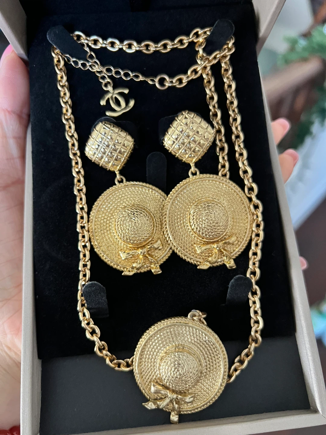 CHANEL Gold Tone Hat Pendant Necklace & Earrings Set - photo 2