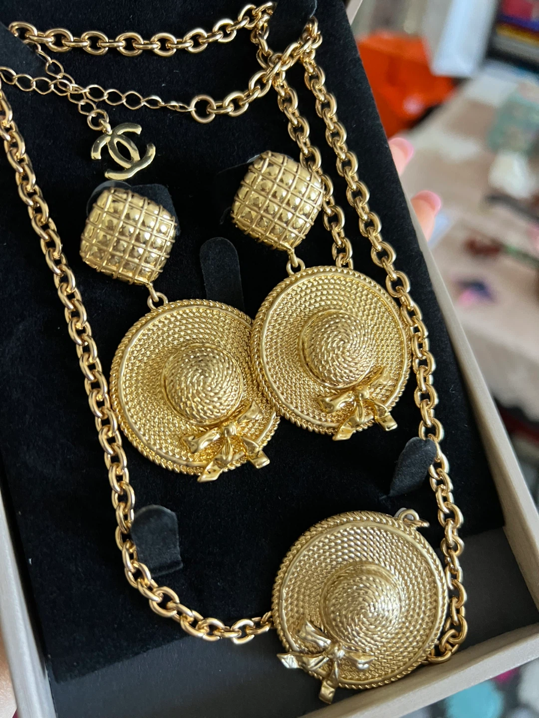 CHANEL Gold Tone Hat Pendant Necklace & Earrings Set