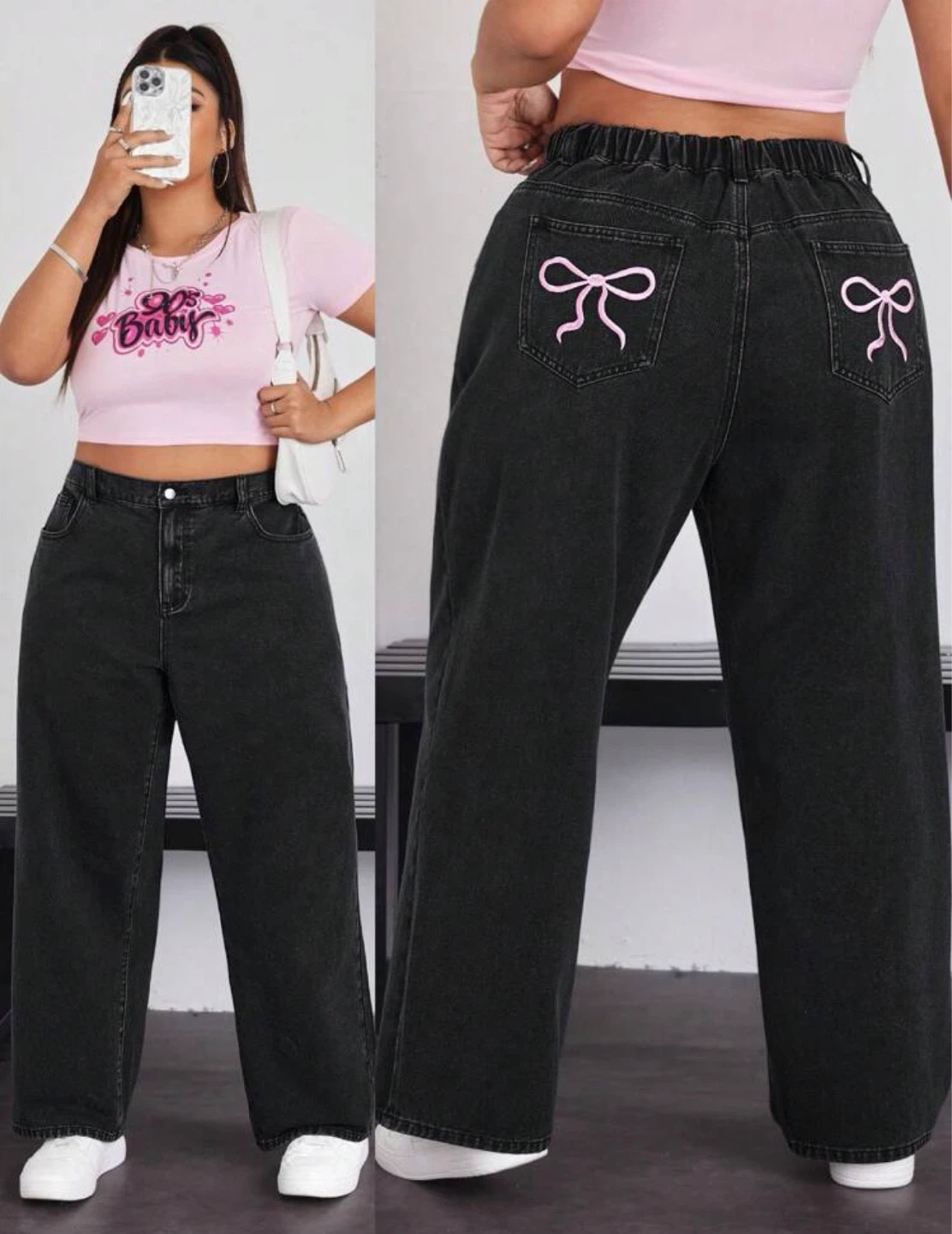 Women's Charcoal Denim Jeans with Pink Bows