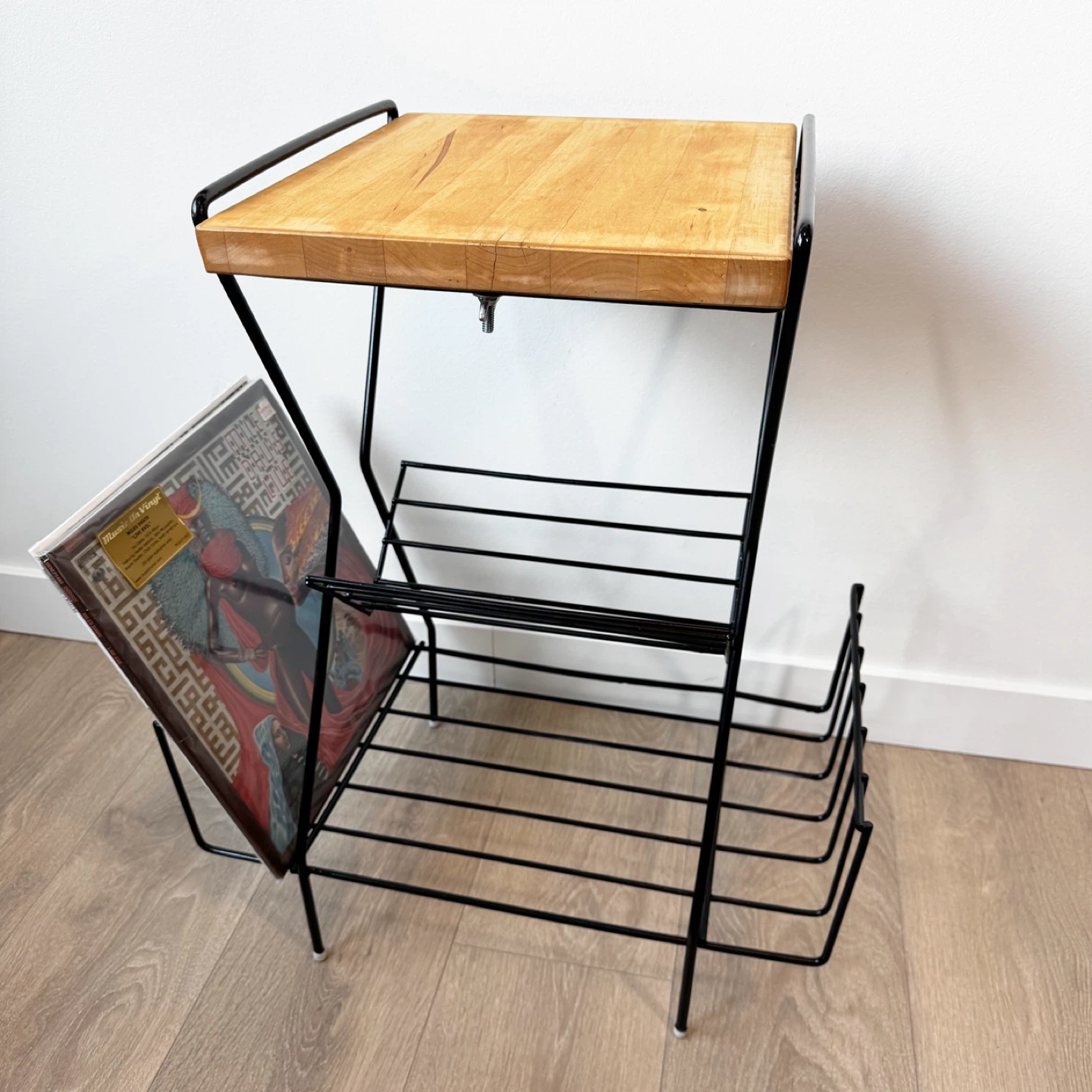 Vintage MCM record rack with custom wooden top / side table