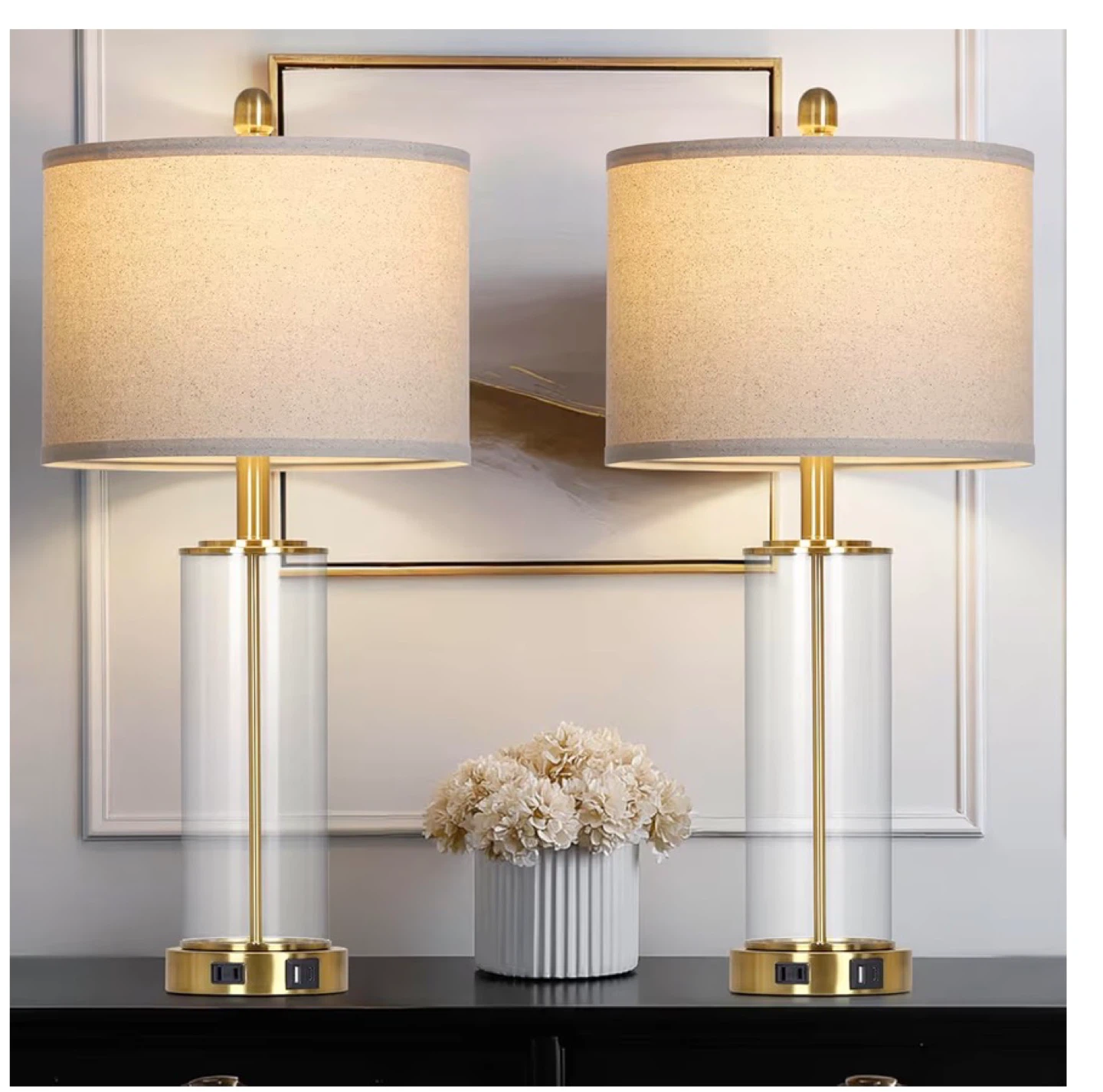 Modern Glass Table Lamp set of two  USB Ports & AC Outlet 26G - photo 3