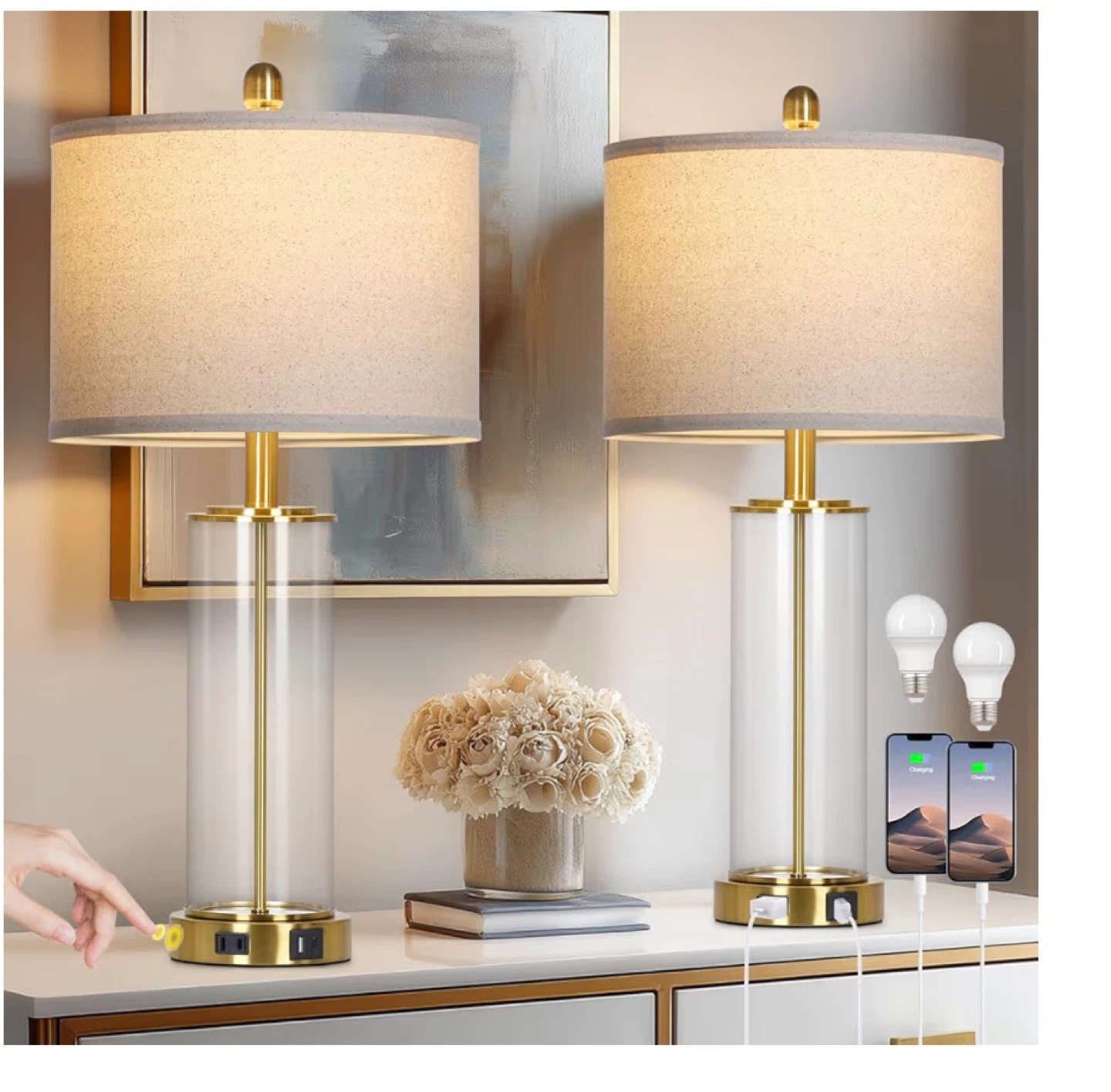 Modern Glass Table Lamp set of two  USB Ports & AC Outlet 26G