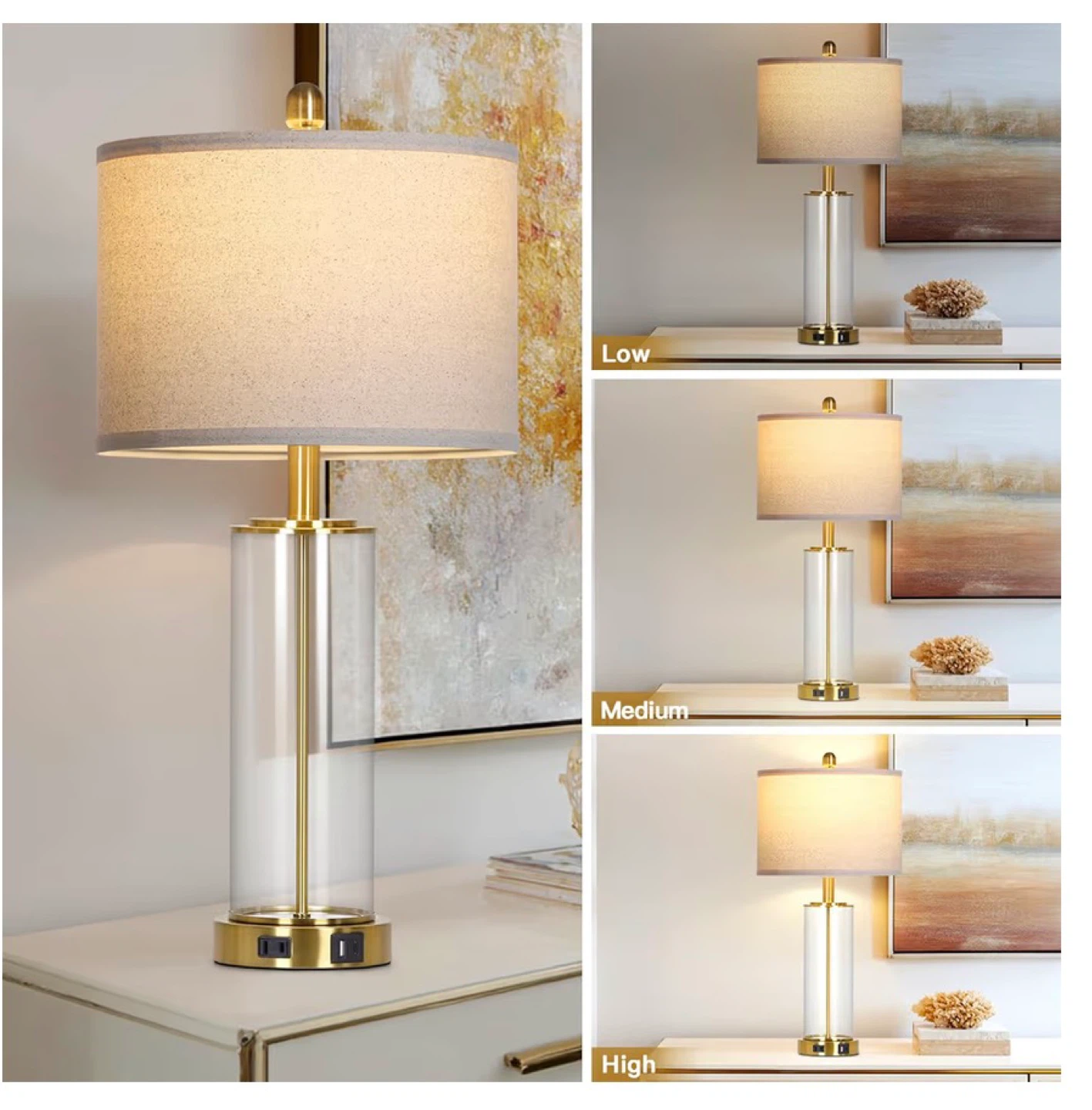 Modern Glass Table Lamp set of two  USB Ports & AC Outlet 26G - photo 2