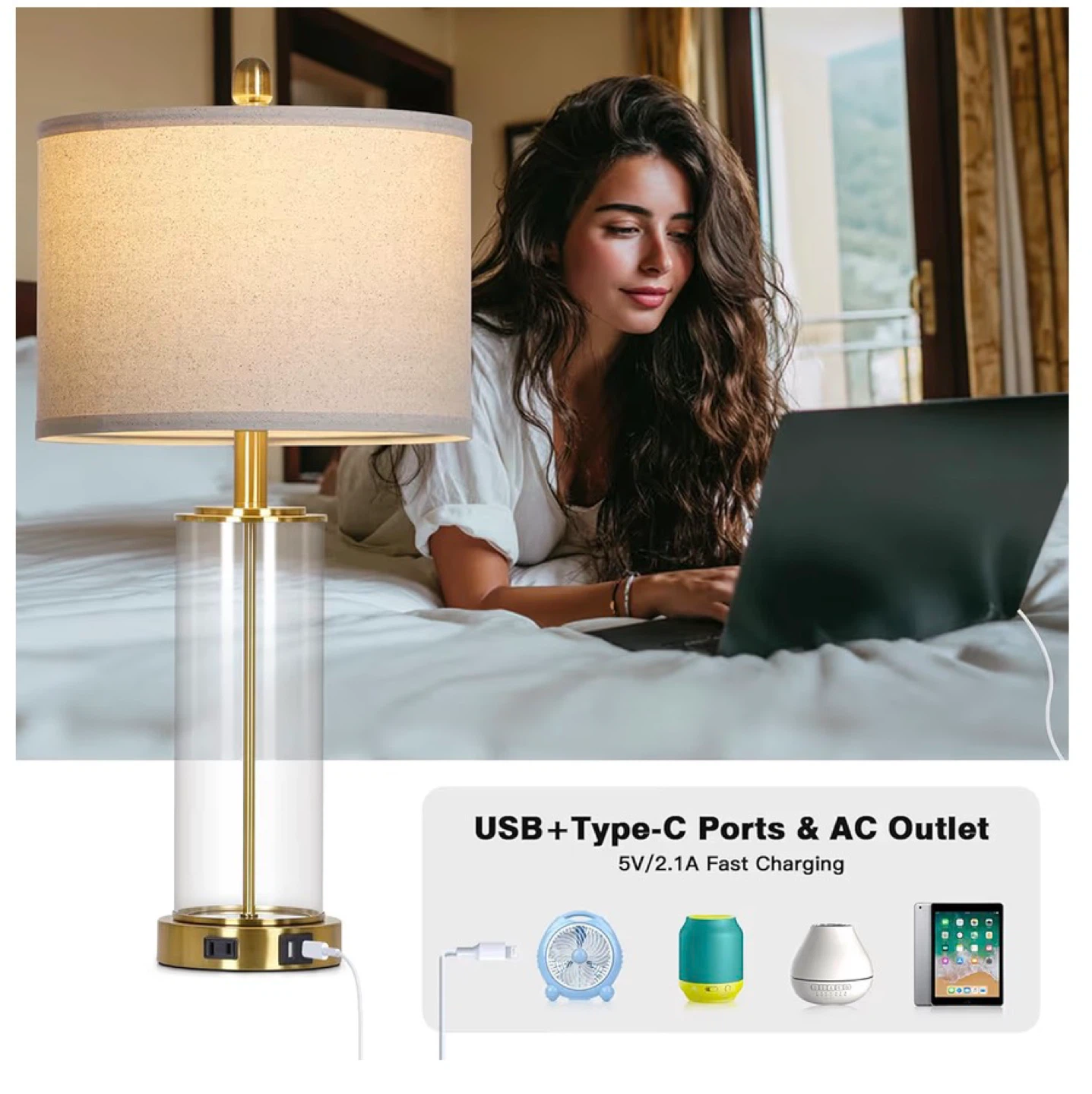 Modern Glass Table Lamp set of two  USB Ports & AC Outlet 26G - photo 5