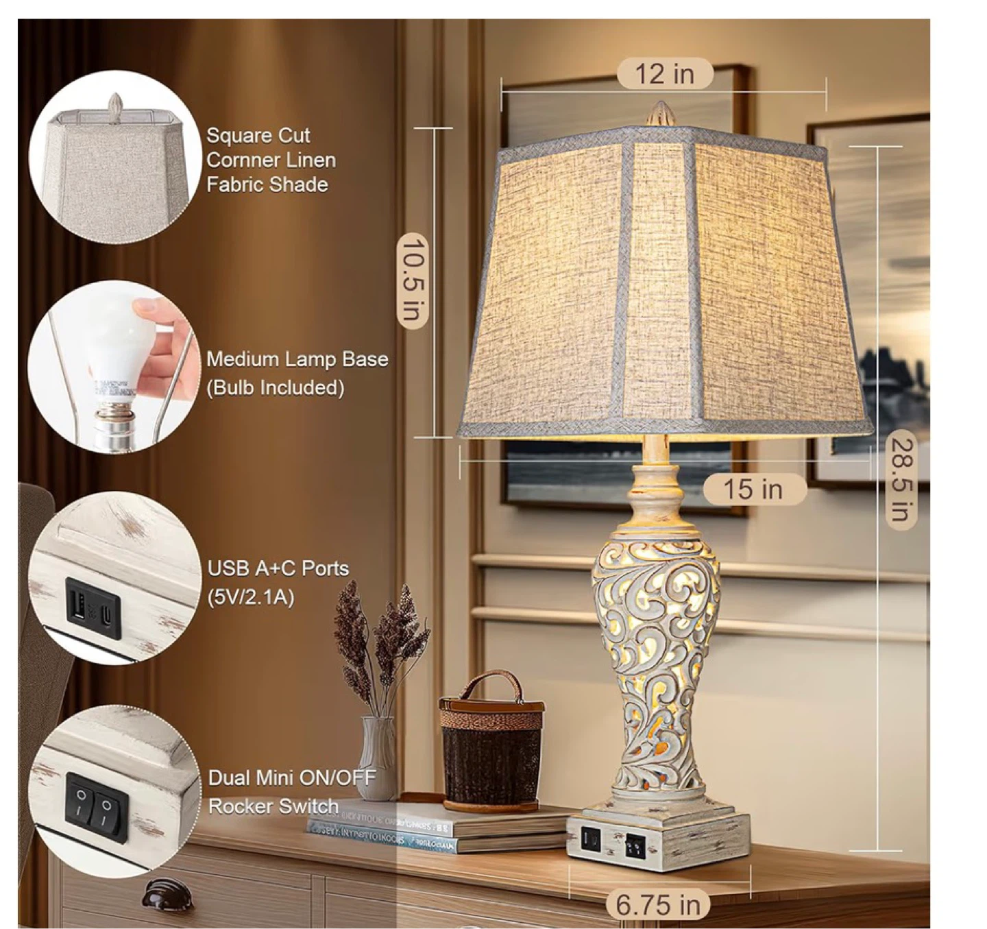 Vintage Style 28.5" Table Lamp set of 2 with USB Ports 285 - photo 2