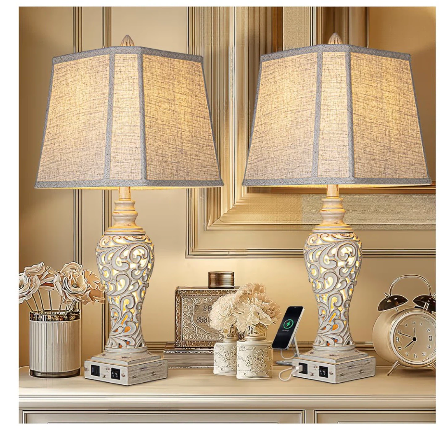 Vintage Style 28.5" Table Lamp set of 2 with USB Ports 285