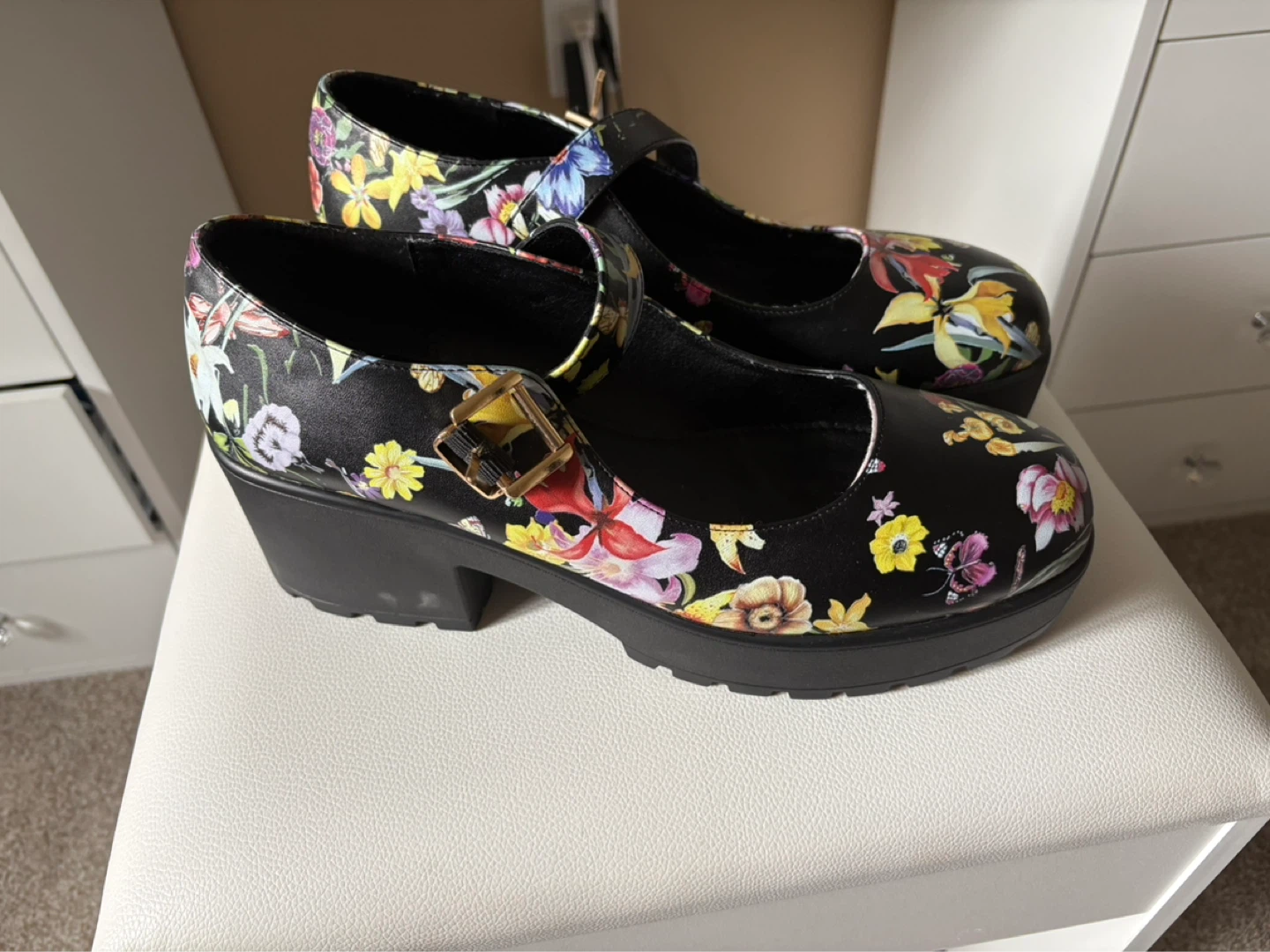 Black Floral Mary Jane Platform Shoes