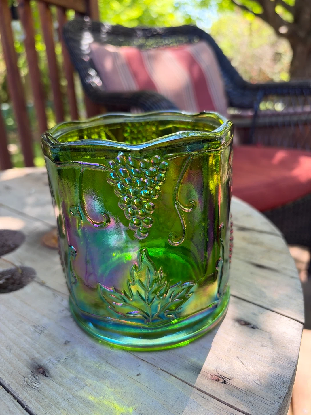 Vintage Green Carnival Glass Canister with Grapevine Design