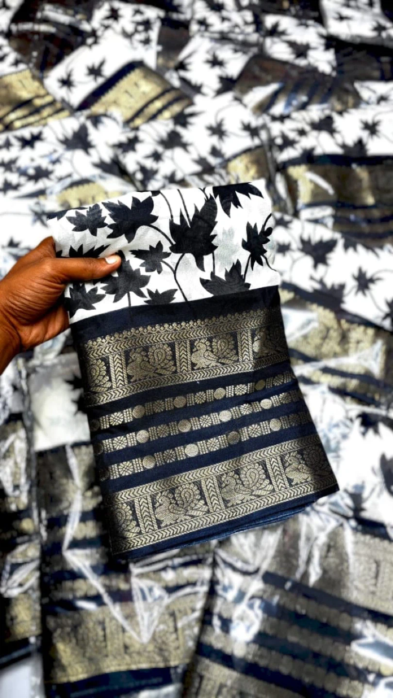 White and Black Saree with Leaf Print - photo 2
